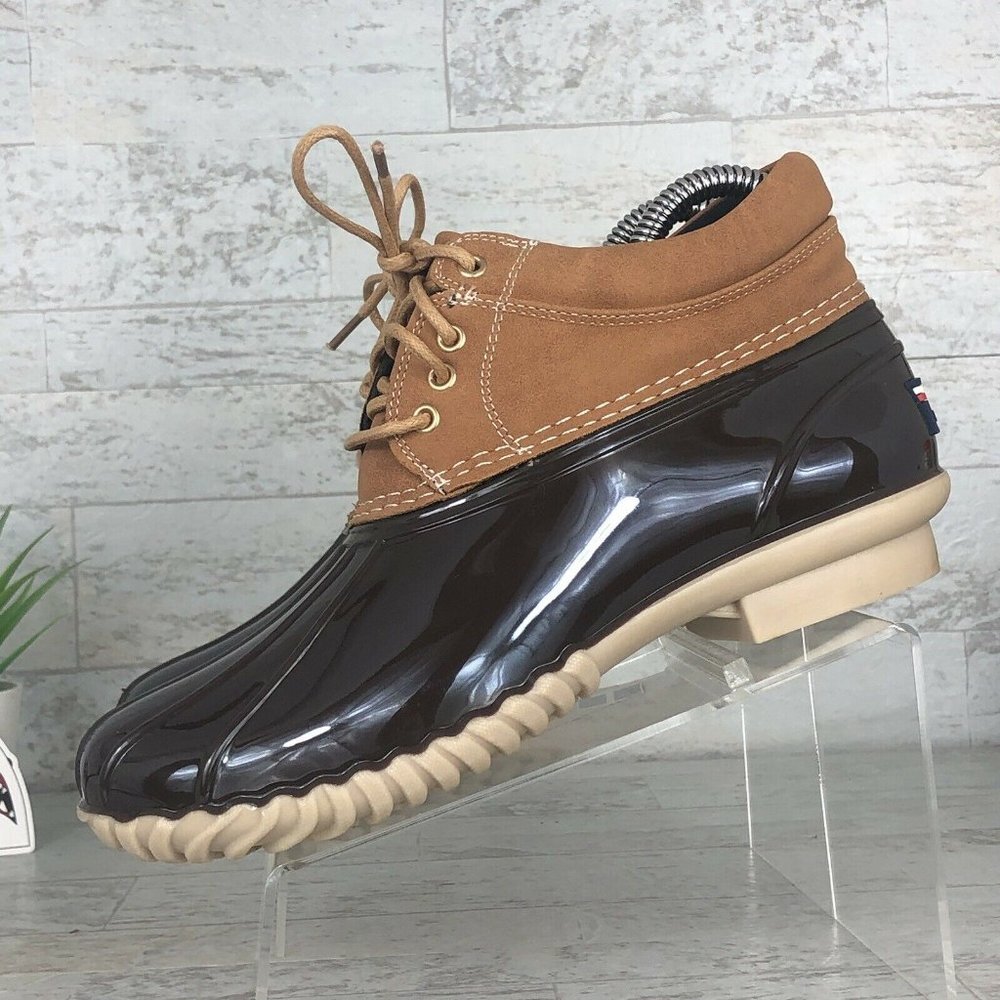 Tommy Hilfiger Duck Ankle Rain Boots Womens Size 6 M Brown Navy Lace Up #6‎